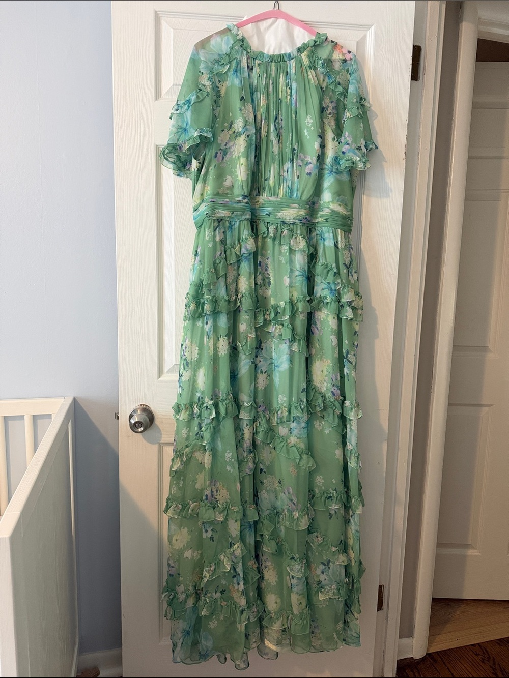 Mac Duggal Puff Sleeve Floral Ruffle Maxi Dress